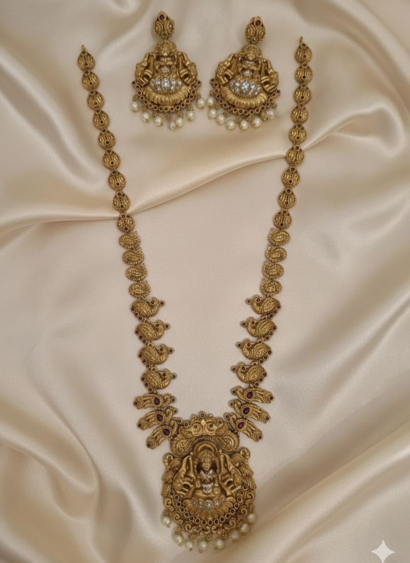 Traditional Matte Gold Lakshmi Temple Haram & Necklace With Earrings For Woman